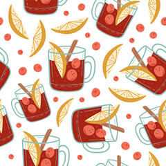 Mulled wine with glass seamless pattern. Christmas drink. Hot drinks. Autumn and winter holidays
