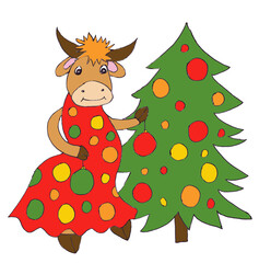a cow in a smart dress decorates the christmas tree with balls, symbol 2021, graphic color sketch on a white background