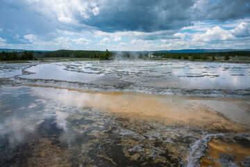 hydrothermal area of great fountain geyser in yellowstone national park, wyoming in the usa