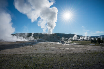 hydrothermal areas of upper geyser basin in yellowstone national park, wyoming in the usa