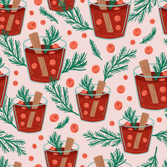 Mulled wine with glass seamless pattern. Christmas drink. Hot drinks. Autumn and winter holidays