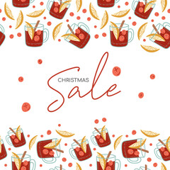 Mulled wine with glass. Sale banner. Christmas drink. Hot drinks. Autumn and winter holidays