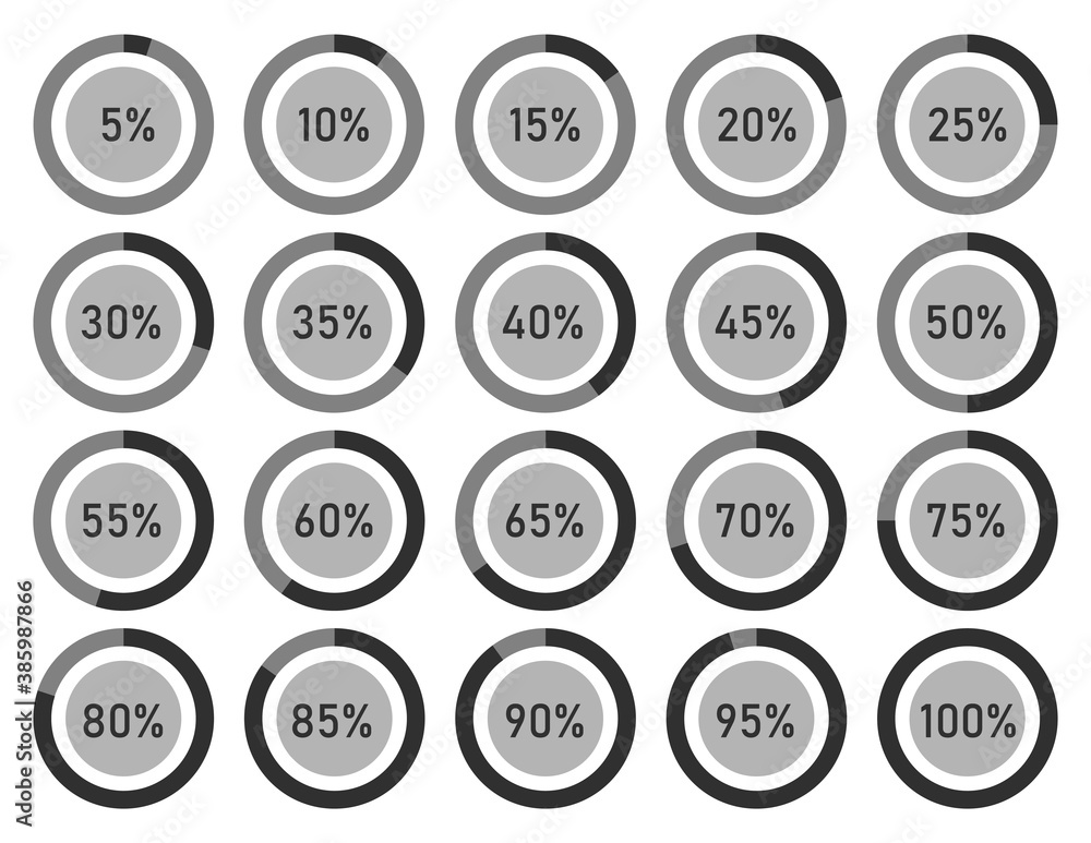 Poster set of pie percentage charts for infographic design, loading circle icon, vector illustration.
