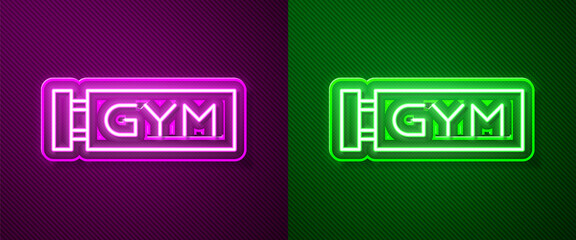 Glowing neon line Location gym icon isolated on purple and green background. Vector.