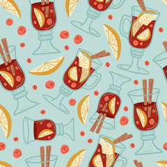 Mulled wine with glass seamless pattern. Christmas drink. Hot drinks. Autumn and winter holidays