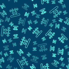 Green line Bench with barbel icon isolated seamless pattern on blue background. Gym equipment. Bodybuilding, powerlifting, fitness concept. Vector.