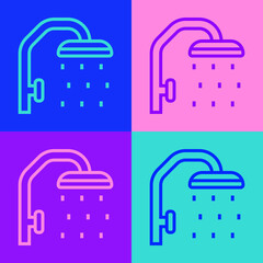 Pop art line Shower head with water drops flowing icon isolated on color background. Vector.