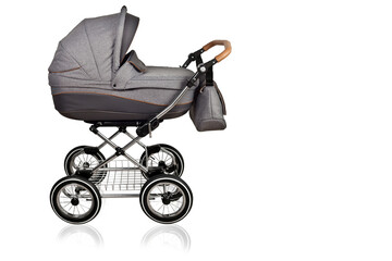 Baby carriage. Baby carriage wheels. White isolated background. Concept for advertising and design
