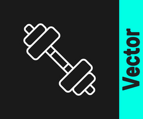 White line Dumbbell icon isolated on black background. Muscle lifting icon, fitness barbell, gym, sports equipment, exercise bumbbell. Vector.