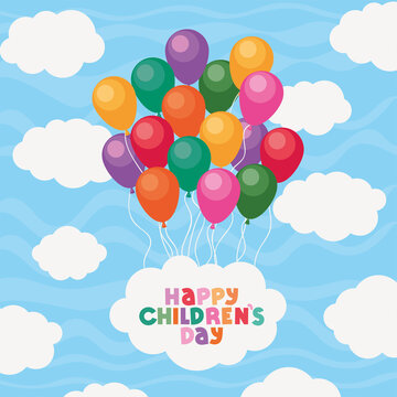 Happy childrens day with balloons and clouds vector design