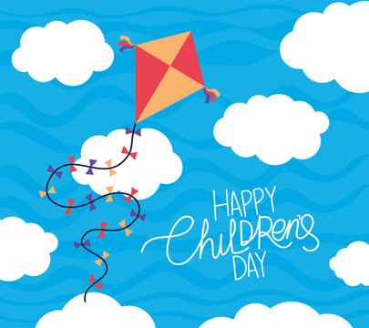 Happy Childrens Day With Kite And Clouds Vector Design