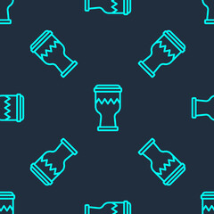 Green line Drum icon isolated seamless pattern on blue background. Music sign. Musical instrument symbol. Vector.