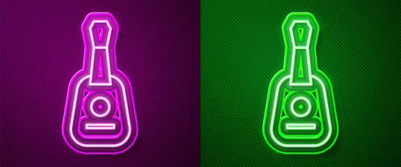 Glowing neon line Guitar icon isolated on purple and green background. Acoustic guitar. String musical instrument. Vector.