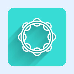White line Musical instrument percussion tambourine, with metal plates icon isolated with long shadow. Green square button. Vector.
