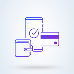 Mobile phone and wallet internet banking sign line icon or logo. online payment security transaction via credit card concept. Protection shopping wireless pay smartphone vector linear illustration.