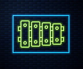 Glowing neon line Xylophone - musical instrument with thirteen wooden bars and two percussion mallets icon isolated on brick wall background. Vector.