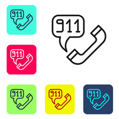 Black line Telephone with emergency call 911 icon isolated on white background. Police, ambulance, fire department, call, phone. Set icons in color square buttons. Vector.