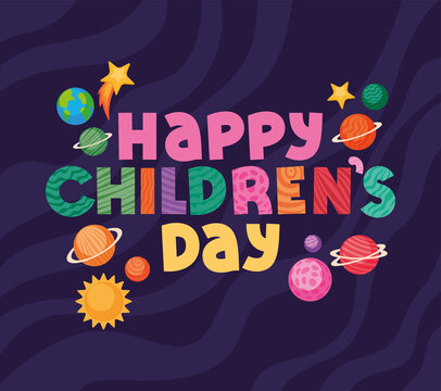 Happy childrens day with space icons vector design