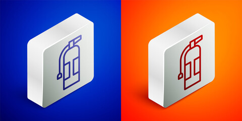 Isometric line Fire extinguisher icon isolated on blue and orange background. Silver square button. Vector.