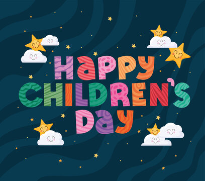 Happy childrens day with stars and clouds vector design