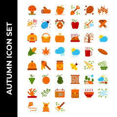 Autumn icon set include mushroom,lumber,chestnut,umbrella,bugs,beehive,sweater,basket,pumpkin,corn,autumn,cloud,beanie,honey,jar,grape,orange,pear,leaves,pine,grain,apple,fork,scarf,chicken,foliage