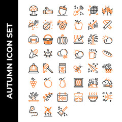 Autumn icon set include mushroom,lumber,chestnut,umbrella,bugs,beehive,sweater,basket,pumpkin,corn,autumn,cloud,beanie,honey,jar,grape,orange,pear,leaves,pine,grain,apple,fork,scarf,chicken,foliage