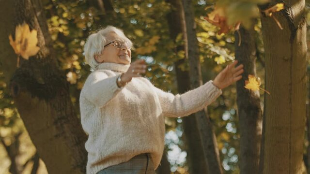 elderly woman throwing yellow autumn leaves in the air. Enjoying the day in the park. High quality 4k footage