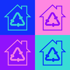 Pop art line Eco House with recycling symbol icon isolated on color background. Ecology home with recycle arrows. Vector.