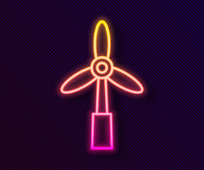 Glowing neon line Wind turbine icon isolated on black background. Wind generator sign. Windmill for electric power production. Vector.