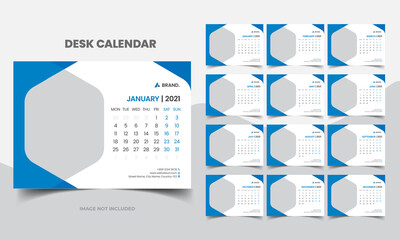 Desk Calendar 2021 Template, Editable 2021 Desk Calendar with blue layout. Modern and Creative New year Calendar
