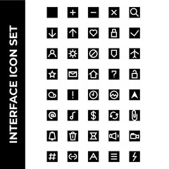 interface icon set include square,plus,minus,cross,search,download,upload,hearth,lock,check,user,setting,block,secure,airplane,star,message,house,help,unlock,cloud,caution,time,picture,message