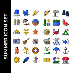 summer icon set include sailing,surfer,ice cream,slippers,sunbed,ball,beach,bikini,starfish,camera,guitar,compass,bag,juice,lifebuoy,surfboard,beachwear,flippers,calendar,watermelon,sail,crab,tent