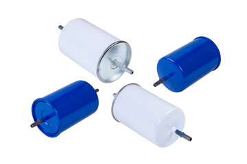four new blue and white fuel filters isolated on a white background