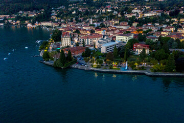 Aerial view, Menaggio in the morning, Lake Como, Province of Como, Lombardy, Italy