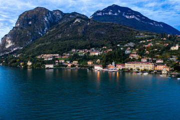 Fototapeta na wymiar Aerial view, Menaggio in the morning, Lake Como, Province of Como, Lombardy, Italy