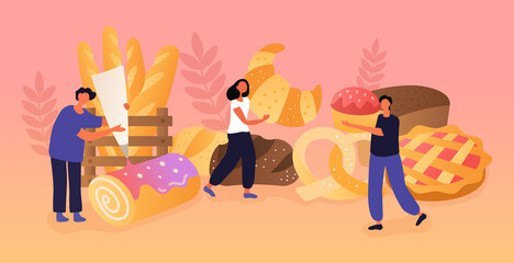 Fototapeta premium Abstract bakery concept with tiny people baking and cooking homemade bread and wide choice of fresh baked and pastry production. Flat cartoon vector Illustration