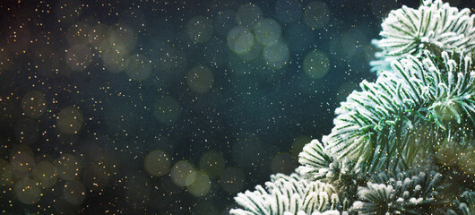 Fototapeta na wymiar Blurred background with bokeh. Christmas and Happy New Year greeting card.