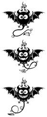 Set of devils with wings and horns. For Halloween. Black silhouette on white background, isolated. Eyes, tails, wings, and predatory smiles. Cartoons.