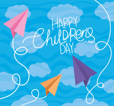Happy childrens day with paper planes and clouds vector design