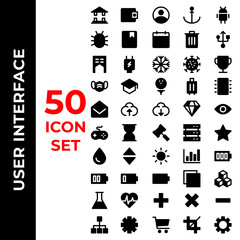 user interface icons set include bank, wallet, account, anchor, android, bug, book, calendar, trash, home, power, snow, virus, trophy, masks, school, game, luggage, microchip, message, upload