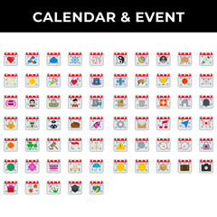 icon set calendar and event include love, islam, cloud, snow, firework, stethoscope, sun, new year, valentine, presidents, easter, mothers, day, memorial, fathers, tax, labor, halloween, veteran