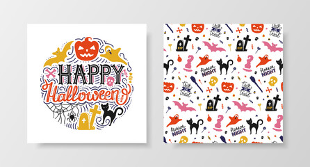 Happy Halloween set with lettering and seamless pattern. Hand drawn print with pumpkin, ghost, black cat and decorative element. Vector design.