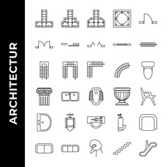 architecture icon set includepad, footing, structure, stepped, sloped, column, concrete, single, door, double, sliding, bifold, window, ventilation, stair, walk, step, u stair, l stair, curved