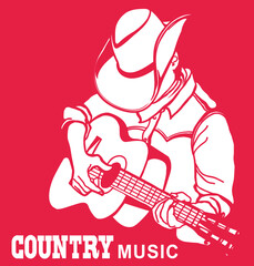 Man in american cowboy hat playing acoustic guitar. Vector country music graphic illustration isolated on white with text for design