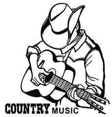 Man in american cowboy hat playing acoustic guitar. Vector country music graphic illustration isolated on white with text for design - 385993279