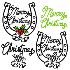 Cowboy Merry Christmas symbol with lucky horseshoe and bells. Vector black graphic silhouette rodeo Christmas text isolated on white 
