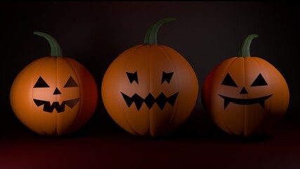 Three Spooky Face Halloween Pumpkins In The Dark Red Room Background 3D Rendering