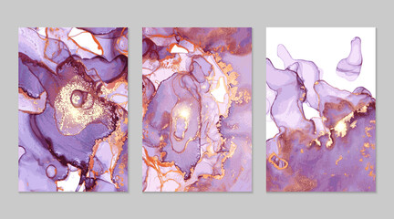 Purple and gold marble abstract backgrounds in alcohol ink technique. Set of vector stone textures. Modern paint with glitter. Template for banner, poster design. Fluid art painting