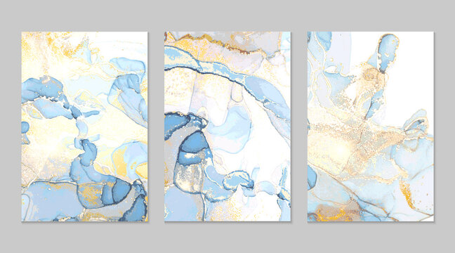 Light blue and gold marble abstract backgrounds in alcohol ink technique. Set of vector stone textures. Modern paint with glitter. Template for banner, poster design. Fluid art painting