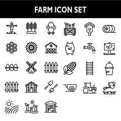 Farm icon set include scarecrow,agriculture,beehive,sun flower,egg,windmill,fence,plantation,carrot,birdhouse,hay,sprout,tractor,wheelbarrow